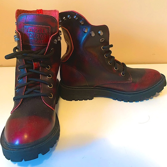 burnt red combat style studded boots - Picture 5 of 6